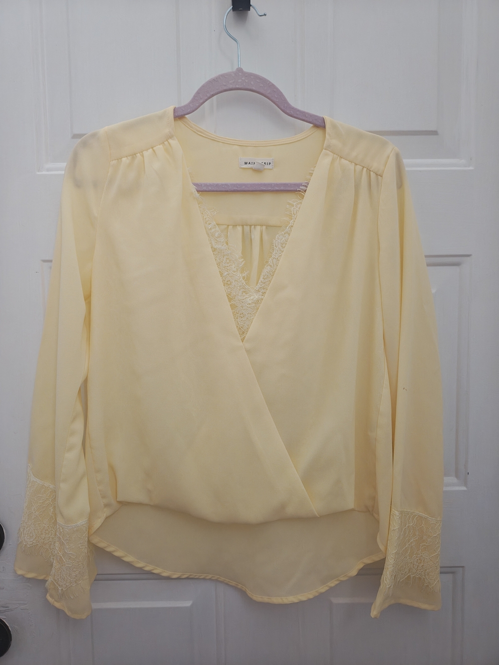 Maeve Pale Yellow Lace-Trim Wrap Blouse